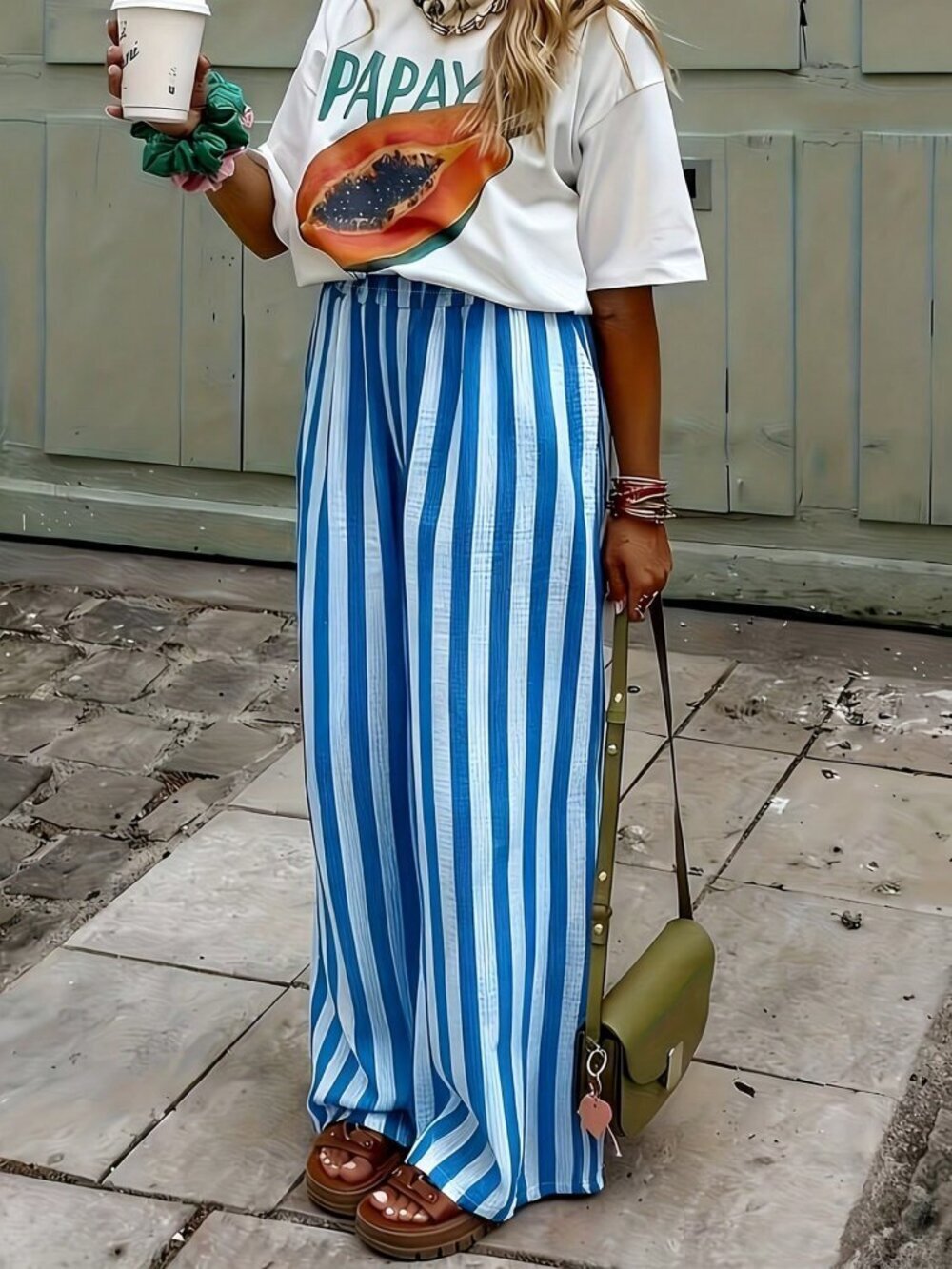 White Casual Women's Striped Woven Wide Leg Beach Pants - Picture 1 of 5